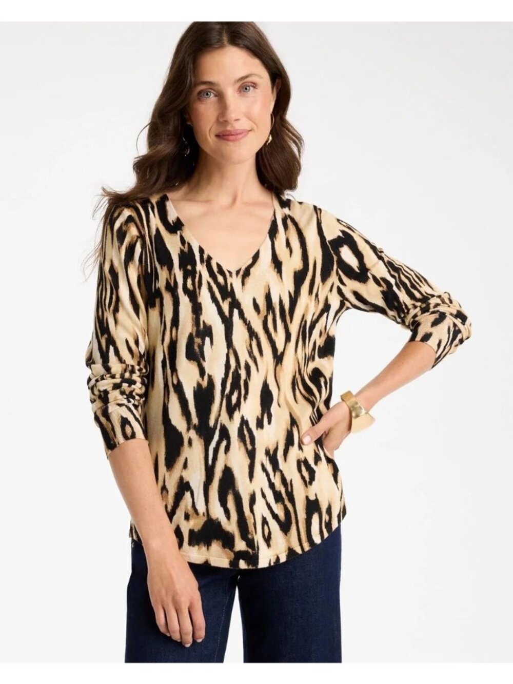 Chico's Size 0 = Small Animal Ella Ikat Print V-Neck Pullover Sweater Top Knit